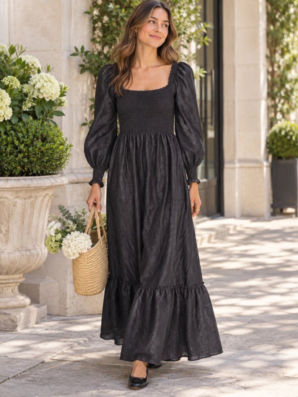 Hill House The Emily Nap Dress Black Crushed Taffeta Smocked Maxi S